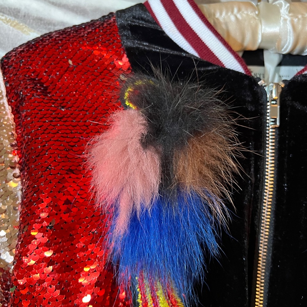 Sequin Bomber Jacket with Fur Accents